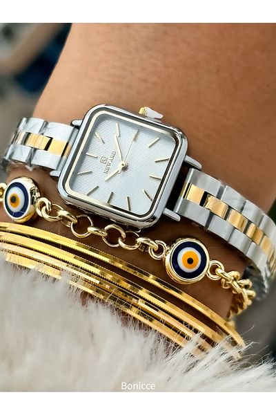 Reward Brand Steel Cord Silver/Yellow Square Case Women's Wristwatch+Nazar Beaded Bracelet Gift