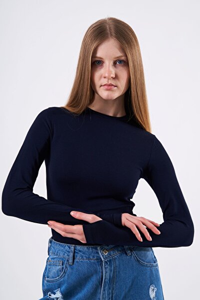Qimono Women's Soft Touch Navy Blue Finger Detailed Crew Neck Blouse