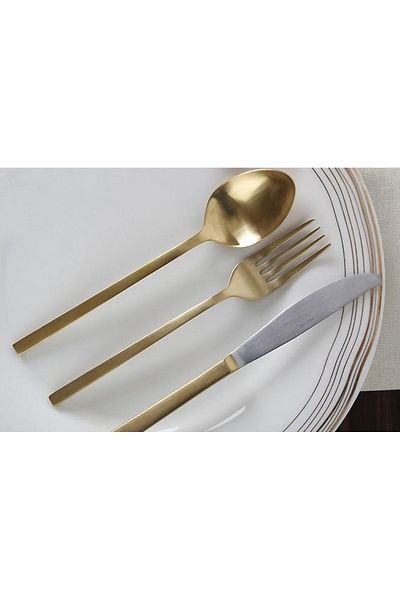 Porland Lungo Matte Gold Fork Spoon Knife Set 84 Pieces for 12 People