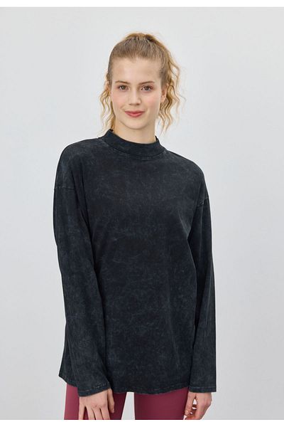 TUBİA Tricou de damă de culoare neagră Antique oversize Basic cu mânecă lungă