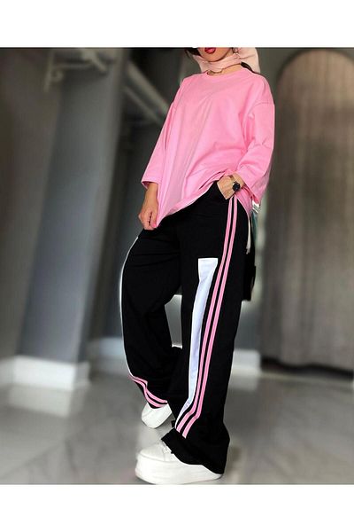 Machetta Women's Large Size T-Shirt Side Stripe Sweatpants Double Set
