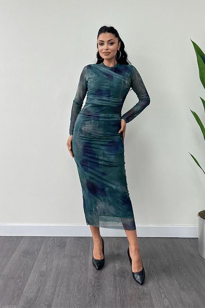 giyimmasalı Turquoise Pencil Dress - Tulle Fabric, Drape Detailed