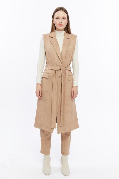 Appleline Vestă lungă de piele de căprioară de culoare BEIGE pentru femei - cu curea