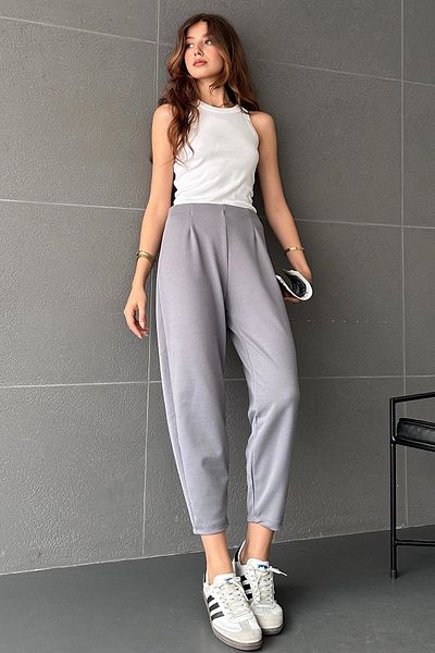 Fav Style High Waist Elastic Gray Balloon Women's Trousers