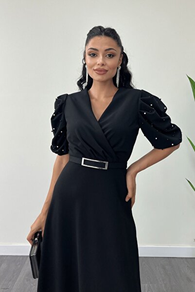 giyimmasalı İthal Krep Kumaş Balon Kol İnci Detaylı Maxi Elbise - SİYAH