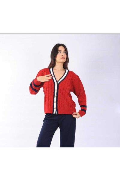 NEVEGE BUTİK Ženska Sa prugastim detaljima pletena odjeća, kardigan sa V-izre...