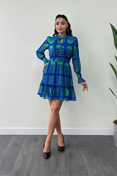 giyimmasalı Rochie Saks Blue Mini din șifon - Detaliu din cauciuc în talie