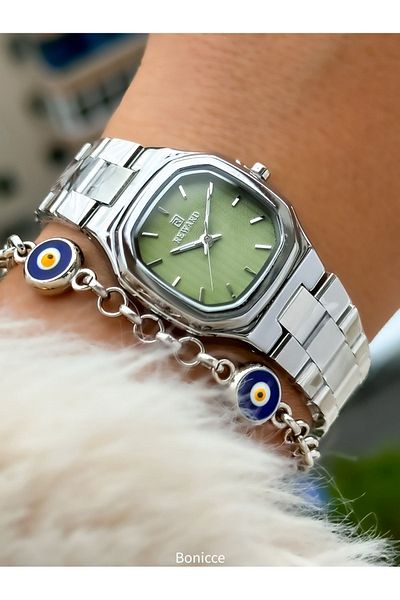Reward Green Dial Brand Steel Cord Stylish Women's Wristwatch and Evil Eye Beaded Bracelet Gift