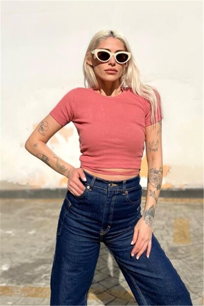 Swist Gül Kurusu Kısa Kol Biye Bağlamalı Crop Kadın Bluz