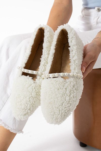 Moda Devrin Balerini de iarnă de damă cu perle de lână albă - pantofi pentru casă și exterior