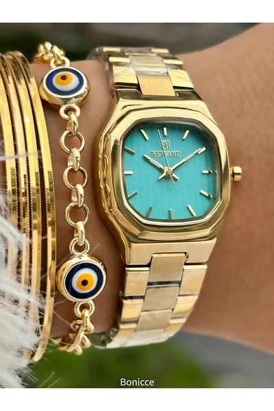 Reward Stylish Women's Watch with Yellow Colored Steel Cord and Evil Eye Beaded Bracelet - Gift