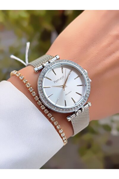 Ferrucci ÇELİK HASIR KORDON 3 ATM SU GEÇİRMEZ TAŞ MOTİFLİ KADIN KOL SAATİ+BİL...