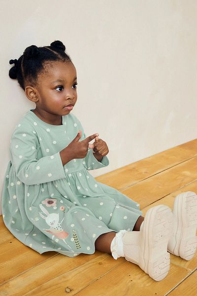 Next Baby Blue Floral Patterned Cotton Long Sleeve Jersey Dress