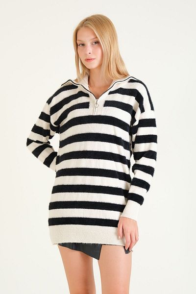 Giyim Dünyası Ecru Women's Tunic - Striped, Half Zipper and Furry