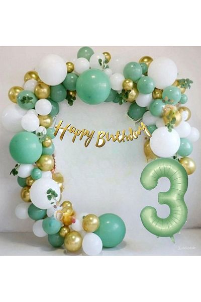 DÜVENCİ TİCARET Matte Green Age Foil Balloon Happy Birthday Caligraphic Green Gold White Birthday Party Set