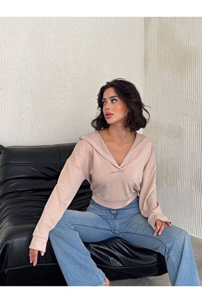 Noa Noa Hooded Modal Fabric Basic Short Sweatshirt