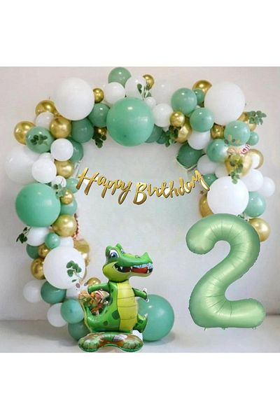 DÜVENCİ TİCARET 1 Year Old Matte Green Crocodile Balloon - Happy Birthday Caligraphic and Green Gold Birthday Party Set