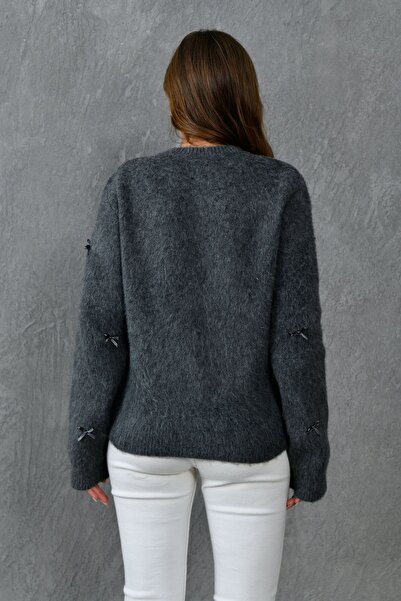 bayansepeti Gray Acrylic Fabric Stylish Button Design Bow Ecru Knitwear Cardigan 1041