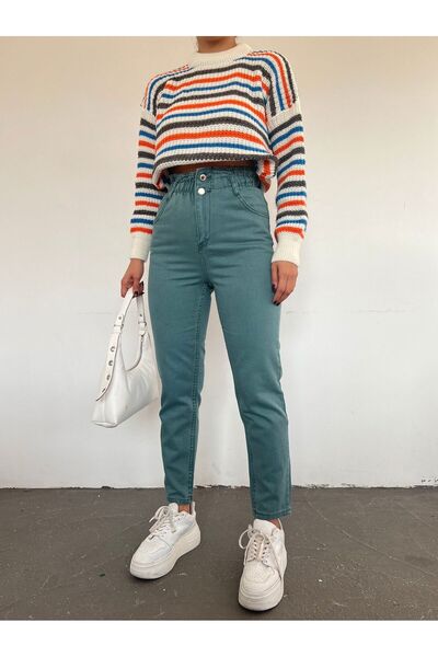 ZUMRAGİYİM Beli Lastikli Yüksek Bel Kot Pantolon