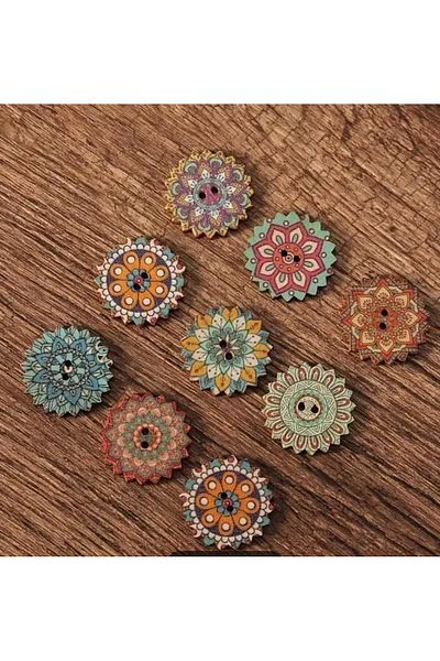 Beyna 2 cm Two Hole Board Painted Flower Button - Mixed Colors 10 Pieces 1 Pack
