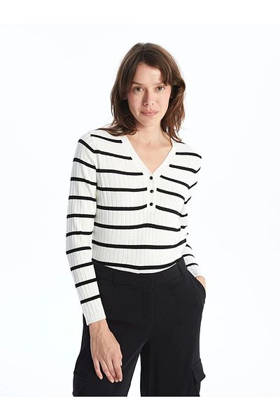 LC Waikiki Lcwaikiki Basic Ecru Striped V-Neck Striped Long Sleeve Women's Knitwear Sweater