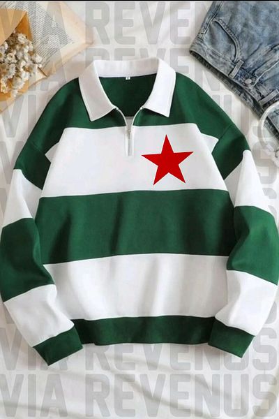 Vordevia Φούτερ με στάμπα Red Star Unisex Πράσινη Λευκή Ριγέ με μισό φερμουάρ