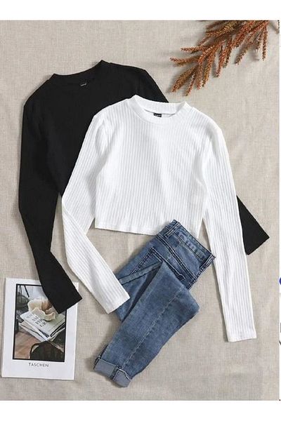 Lorya Giyim Pack of 2 100% Cotton Ribbed Camisole Long Sleeve Crop Blouse