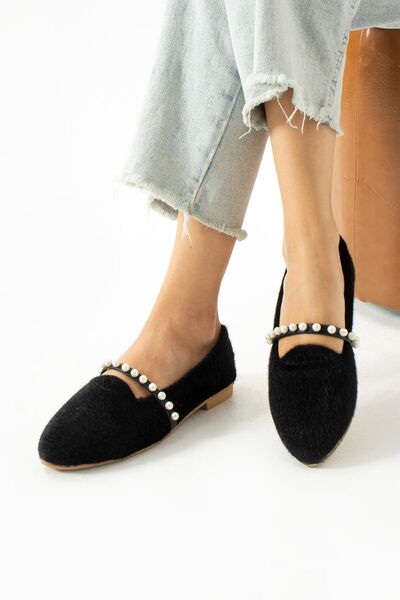 MÜJERİL'S Дамски стилни и удобни балерини с тайландски перли и детайли от чер...