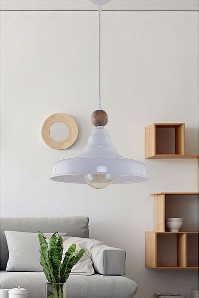 DEDE White Single Cono Pointed Metal Pendant Lamp Chandelier with Wood