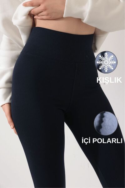 Warasiva Kadın Lacivert Kışlık İçi Polarlı Yüksek Bel Toparlayıcı Korseli İnterlok Çelik Örme Tayt