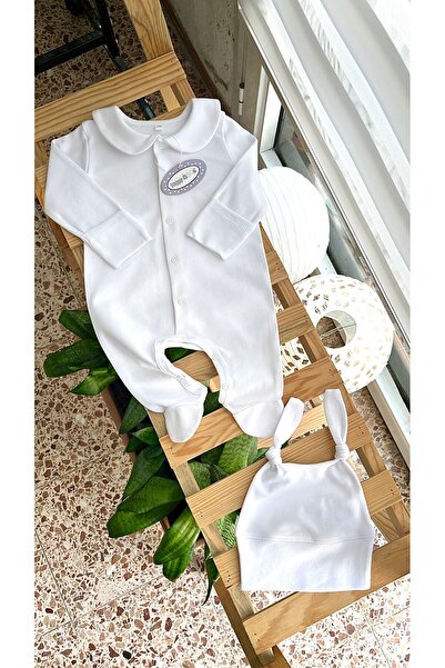 Happy Moon Bebek Giyim Düz Beyaz %100 Pamuk Tulum Süsleme Tasarım 2-4 Ay Zıbı...