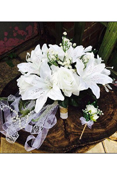 Buketlife Beyaz lilyum kazablanka gelin çiçeği buketi ve yaka çiçeği