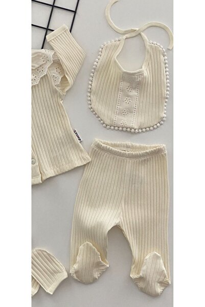 Necix's 5 Piece Organic Lace Cheerful Baby Hospital Discharge Set - Cream