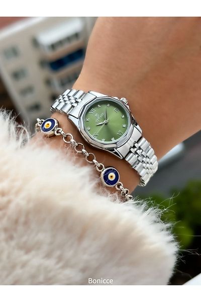 Reward New Model Steel Cord Silver Color Small Case Women's Wristwatch + Nazar Beaded Bracelet Gift