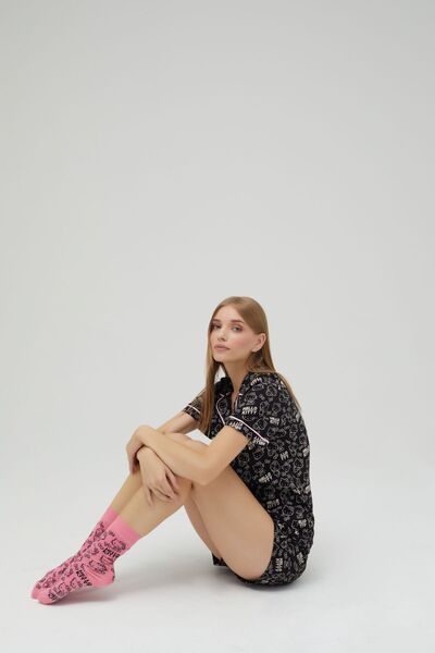 Hello Kitty 100% Cotton Pajamas Set with Black Shorts - Button, Short Sleeve Licensed Roz-250