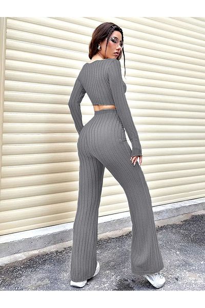 Wild Flower Dark Gray Long Sleeve Slit Crop Top High Waist Spaghetti Leg Stretchy Pants Set