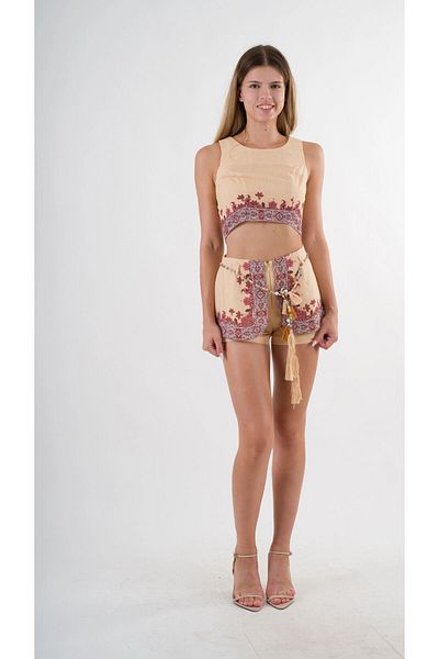 hazelin Set de bluză și pantaloni scurți pentru femei cu imprimeu etnic galben - cu centură în talie HZL24S-YY261