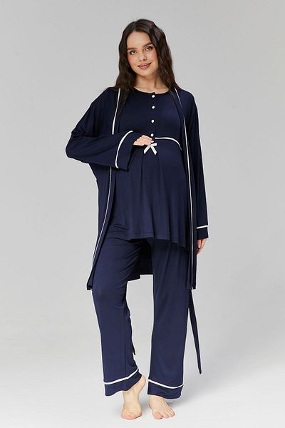 Rimel Homewear Women's Navy Blue Ribbed Front Buttoned Maternity Sleepwear Set