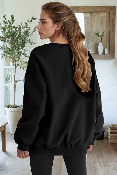 Pink Sky Women's Black Free Life Printed 0 Crew Neck Oversize Loose Loose Cut Fleece Sweatshirt
