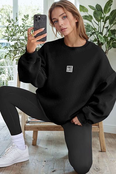 Pink Sky Women's Black Free Life Printed 0 Crew Neck Oversize Loose Loose Cut Fleece Sweatshirt
