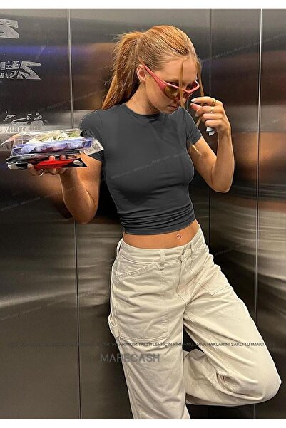 MARECASH Füme Bisiklet Yaka Basic Kadın Tişört