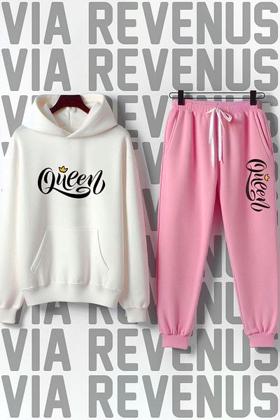 Vordevia Queen Printed Wide Fit Soft Fabric Hooded White Pink Tracksuit Set