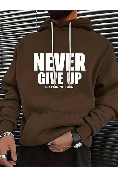 Keywest Χειμερινό φούτερ Unisex Never Give Up με στάμπα μεγάλου μεγέθους - Φούτερ με κουκούλα 3 κλωστών από 100% βαμβάκι