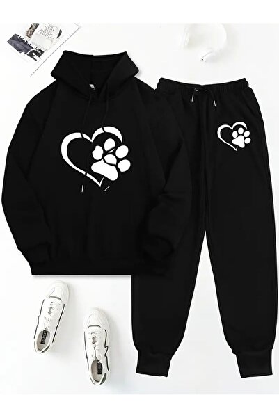 GALASHOP Comfortable Long Sleeve Paw Heart Print Hoodie - Two Piece Set