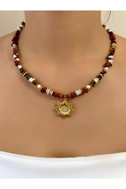 Rakoz Design Doğal Taş Kolye Red Casper, Gerçek İnci, Sedef Taşı, Kaplan Gözü, Akik