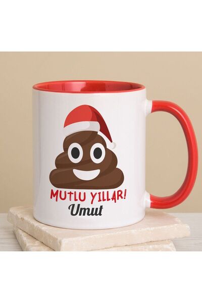 EJOYA Kişiye Özel Yeni Yıl Temalı Mutlu Yıllar Kaka İkon Kırmızı Kulplu Kupa Bardak 80237