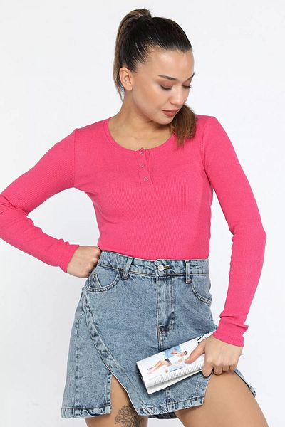 GÜLSELİ Φούξια καμιζόλα Lycra Crop Top Μπλούζα με κουμπωτά μπροστά