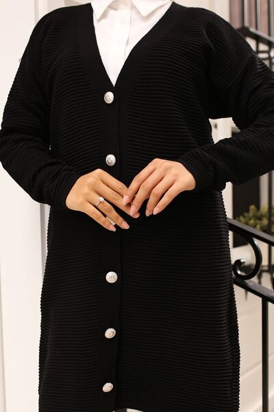 benguen 3091 Κουμπιά Λεπτομερής Κοτλέ Ζακέτα Μαύρη