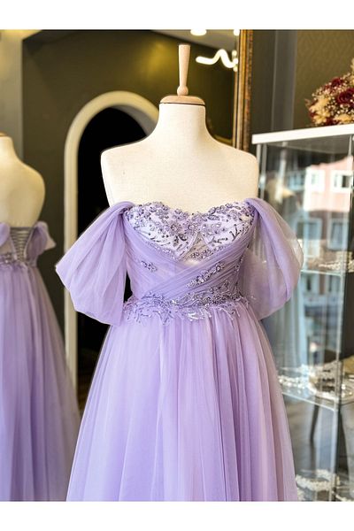 Lenta Moda Lilac Draped and Flower Pattern Lace Detailed Midi Length Evening Dress and Evening Dress