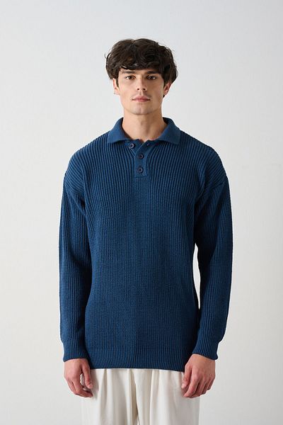 İLKCET MODA Πουλόβερ με γιακά με τρία κουμπιά με ραβδώσεις